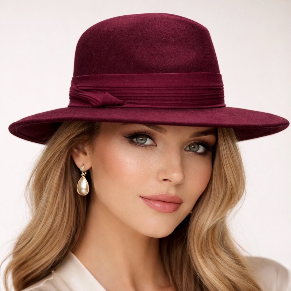 Geo. W Bollman & Co Women's 100% Wool Doeskin Felt Hat Round Burgundy VTG Size 7